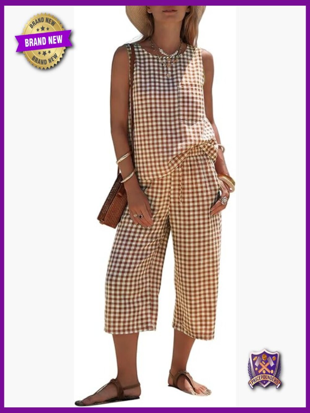 Women's Cotton Striped 2 Piece Outfit Sleeveless Capri Wide Leg Pants Set